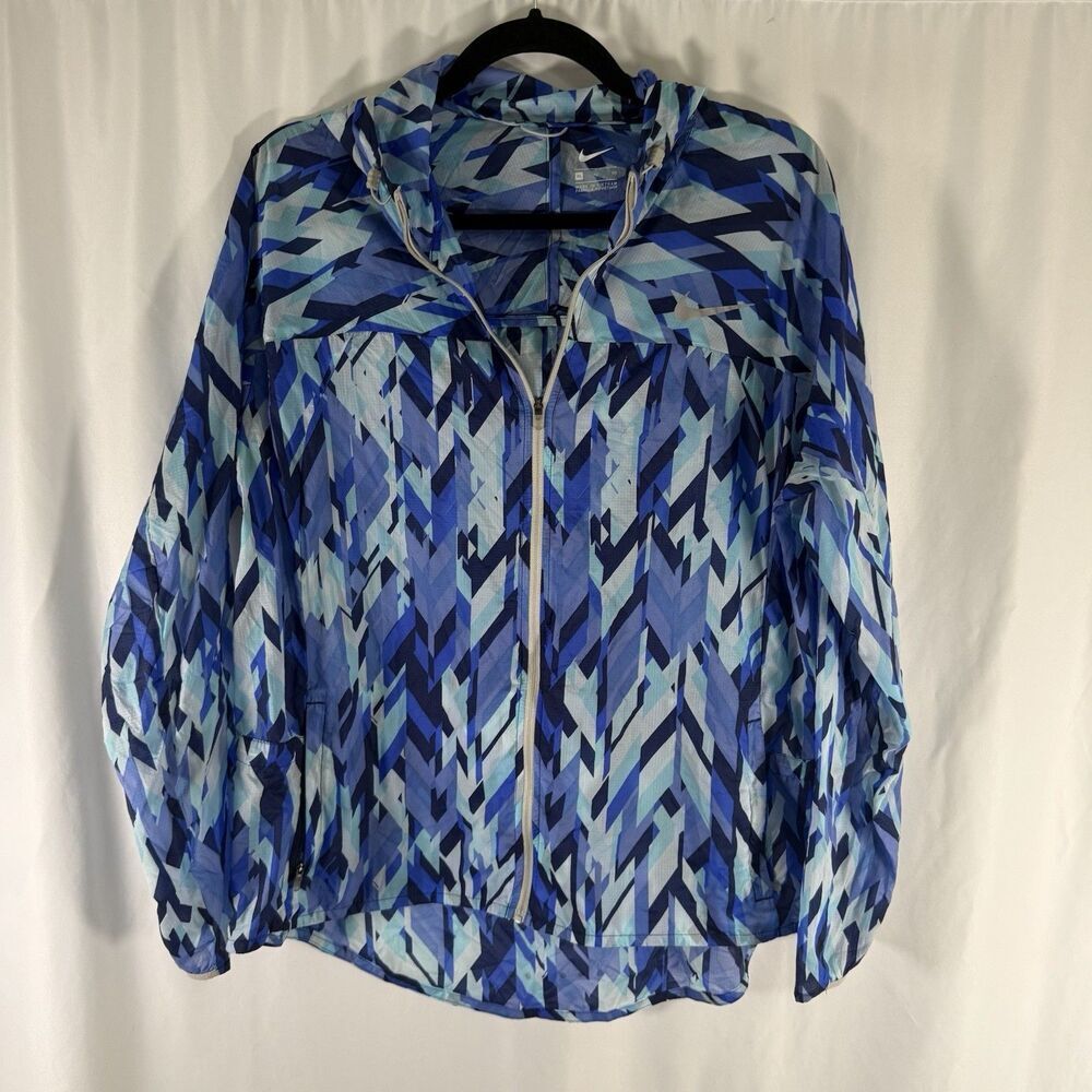Nike Lightweight Running Jacket Women's XL Blue Hooded Full Zip Pockets Rain